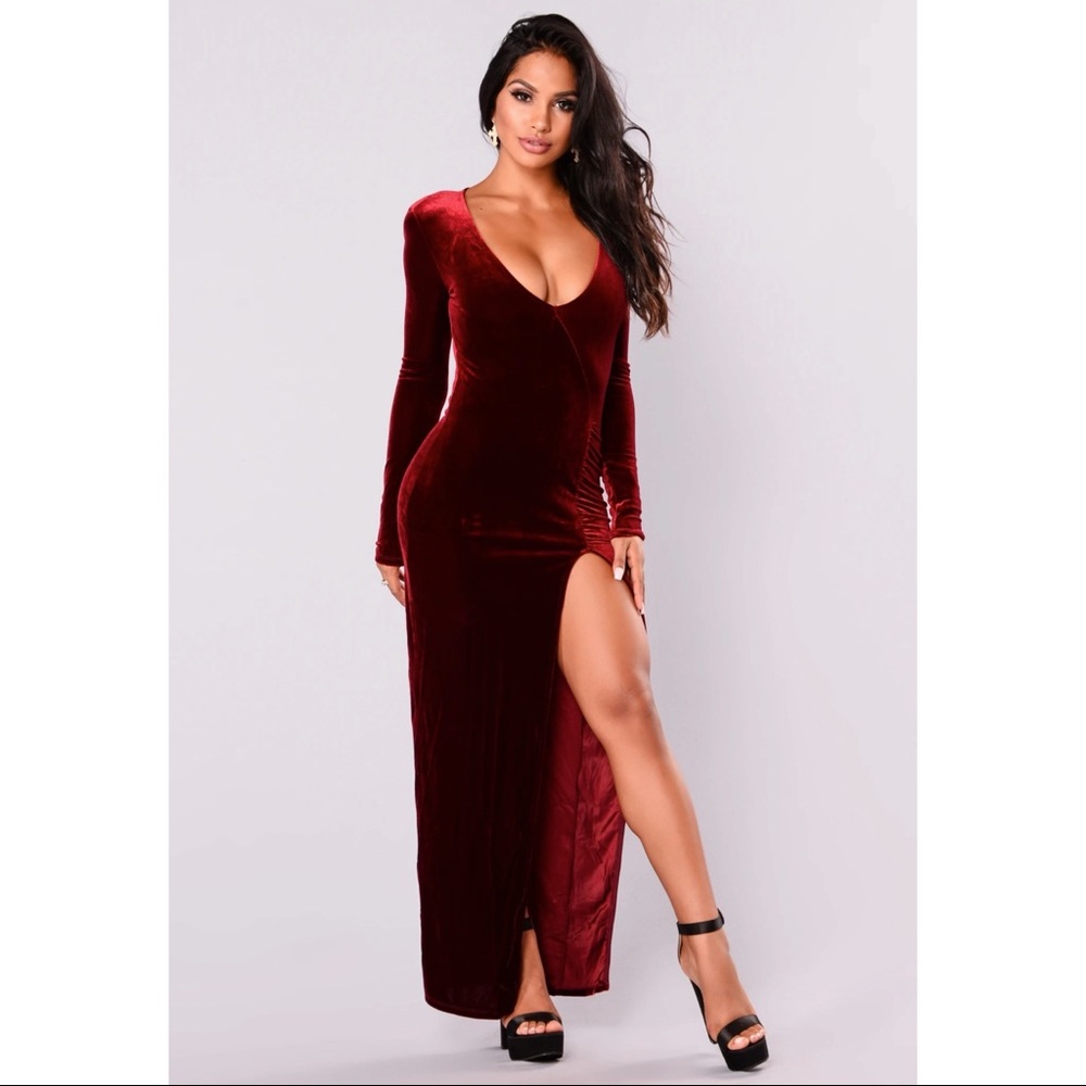 Fashion Nova Love Sex Magic Burgundy/Maroon Velvet Long Sleeve Dress - Wine
